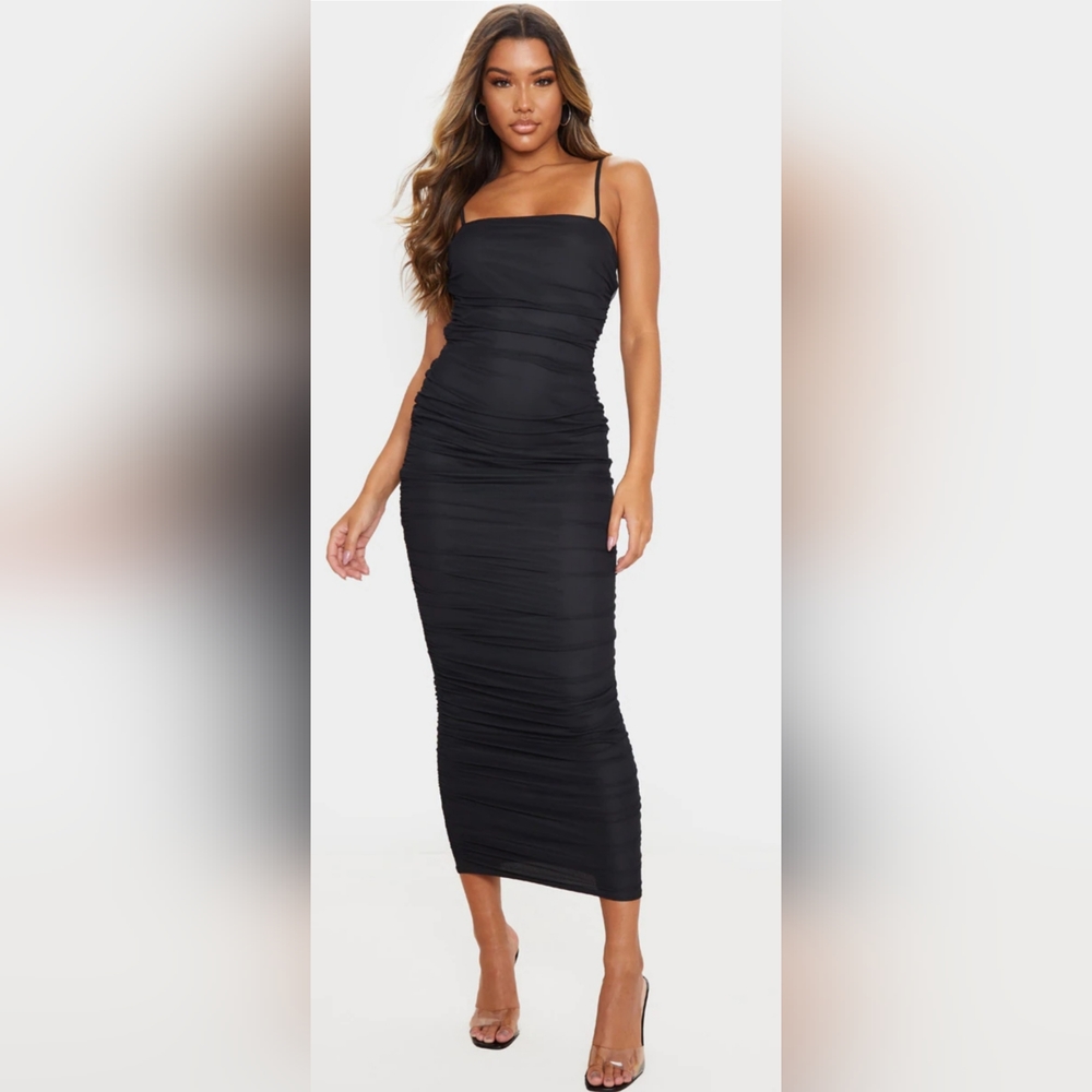 Prettylittlething Black Strappy Mesh Midi Dress